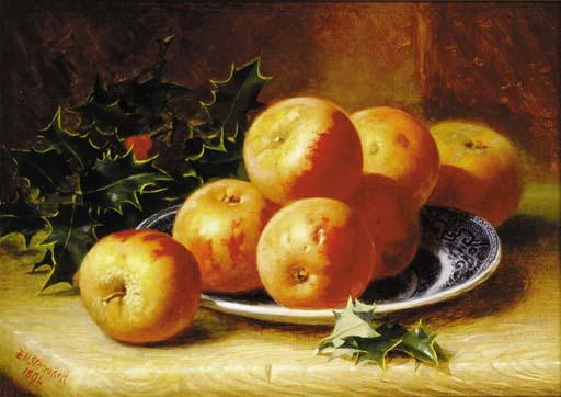 Eloise Harriet Stannard - Apples on a willow pattern plate with holly