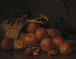 Eloise Harriet Stannard - Cobnuts, holly and apples in a wicker basket, on a wooden ledge