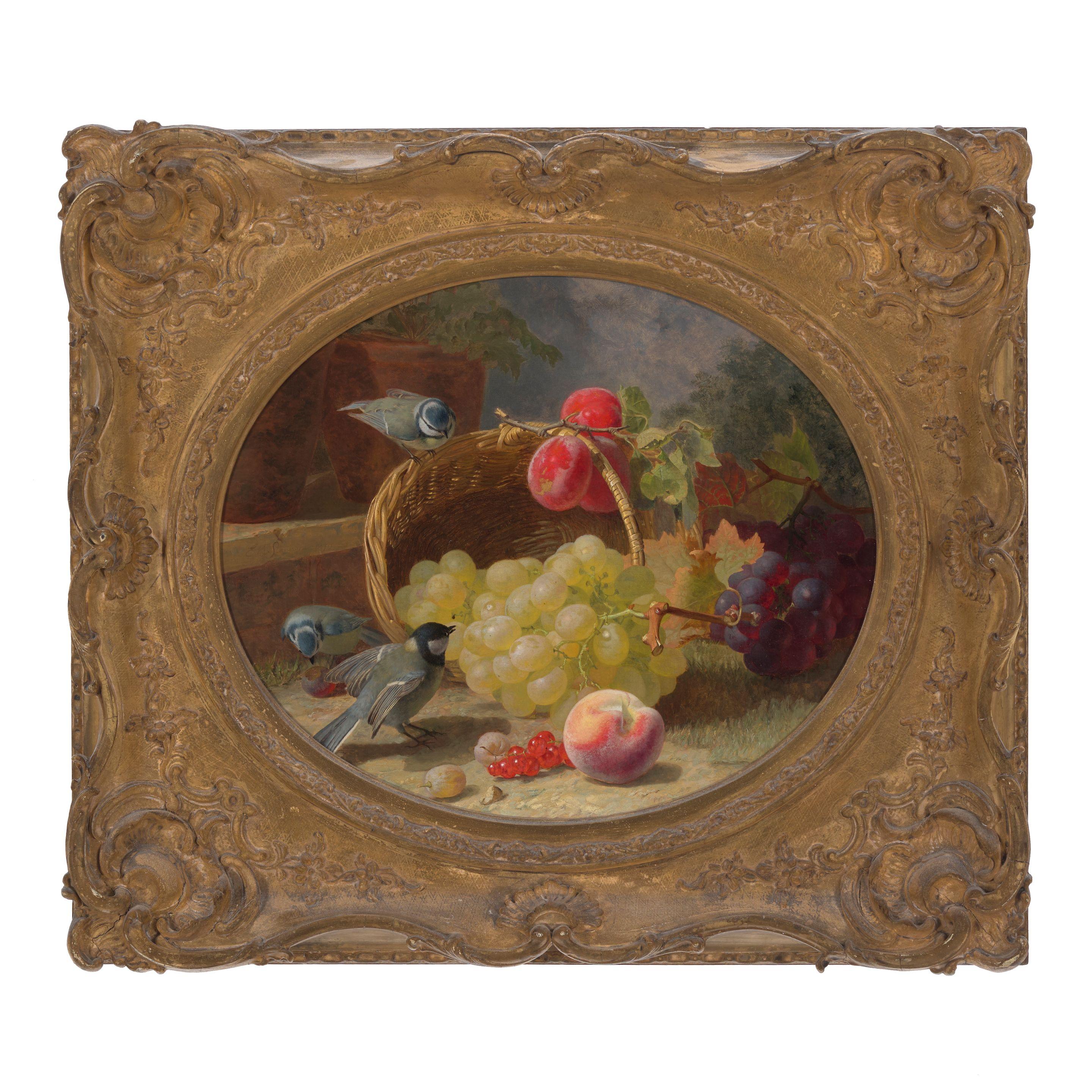 Eloise Harriet Stannard - Grapes in an upturned basket with birds and other fruit