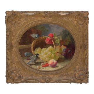 Eloise Harriet Stannard - Grapes in an upturned basket with birds and other fruit