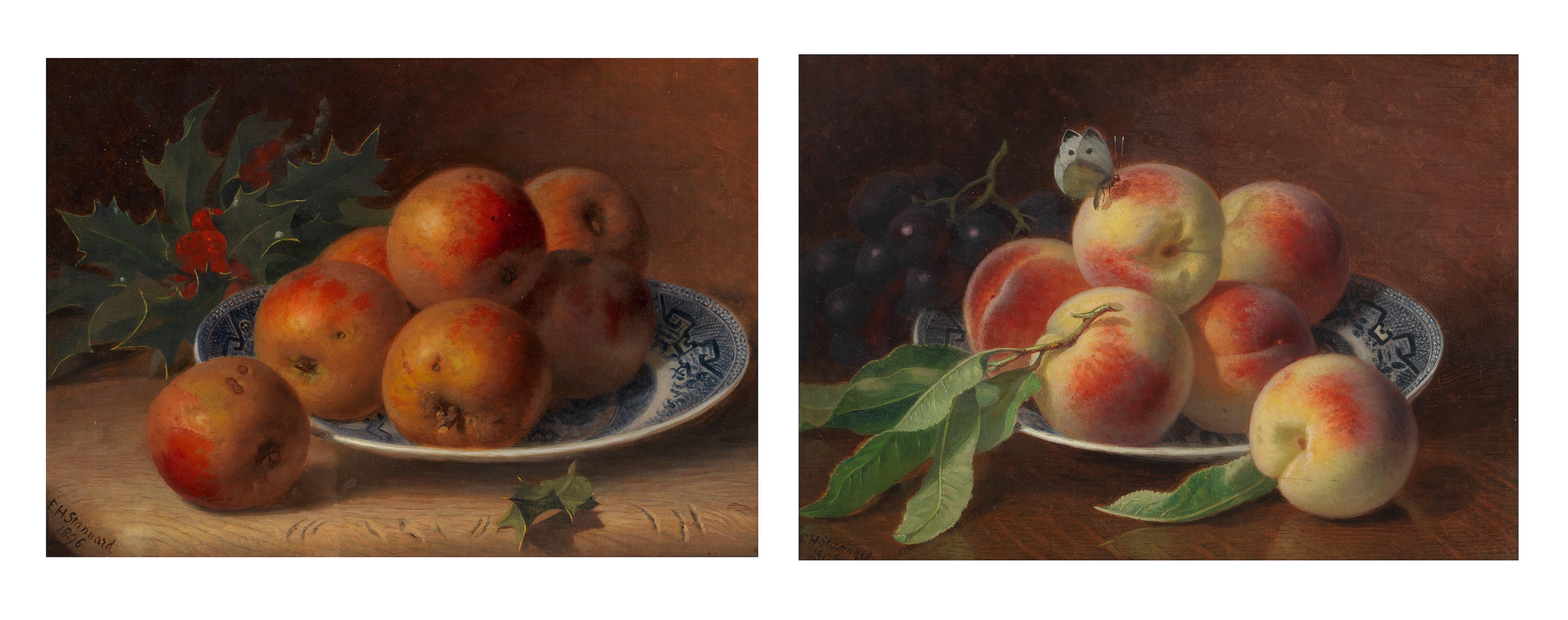 Eloise Harriet Stannard - Peaches and grapes; Apples and a holly branch, a pair each 22.5 x 30.5cm (8 7/8 x 12in).(2)