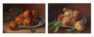 Eloise Harriet Stannard - Peaches and grapes; Apples and a holly branch, a pair each 22.5 x 30.5cm (8 7/8 x 12in).(2)
