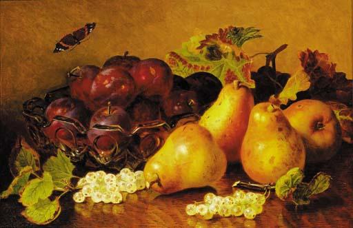 Eloise Harriet Stannard - Pears, grapes, whitecurrants and plums in a glass bowl, with a butterfly, on a wooden ledge