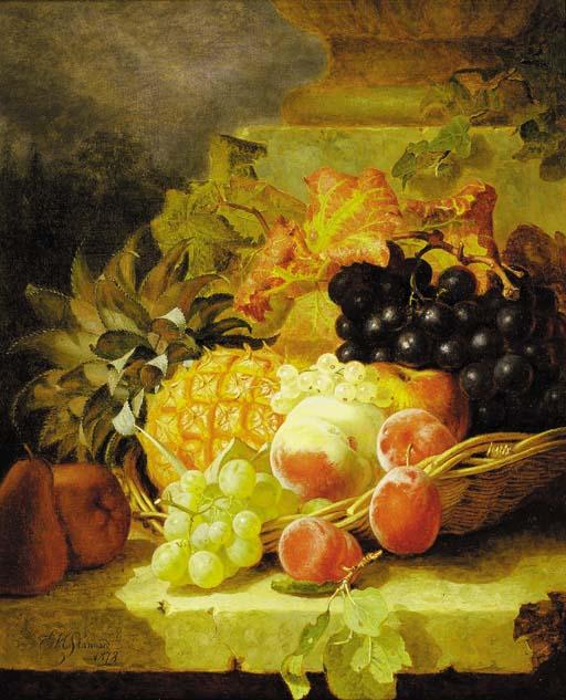 Eloise Harriet Stannard - Plums, grapes, pears, whitecurrants, a peach, an apple, and a pineapple, in a wicker basket, on a stone ledge