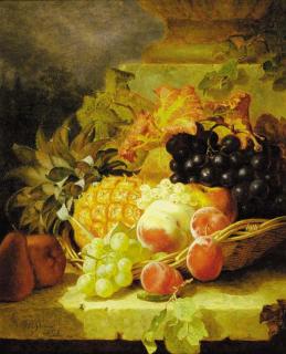Eloise Harriet Stannard - Plums, grapes, pears, whitecurrants, a peach, an apple, and a pineapple, in a wicker basket, on a stone ledge
