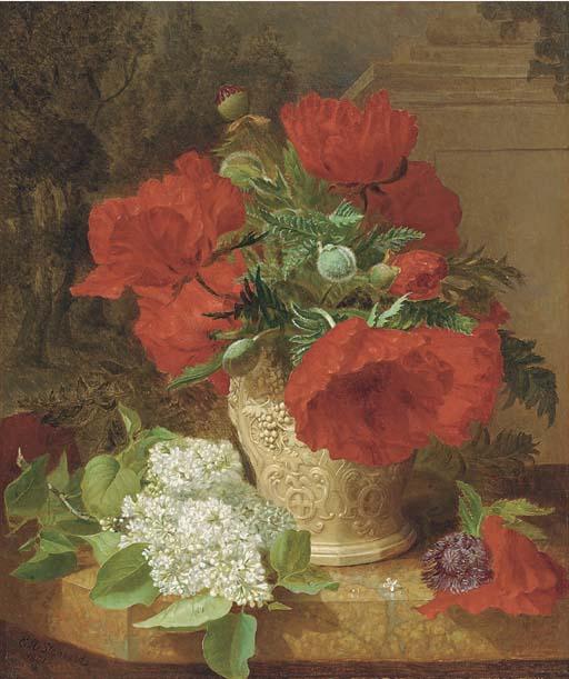 Eloise Harriet Stannard - Poppies in a vase, with white lilac on a marble ledge