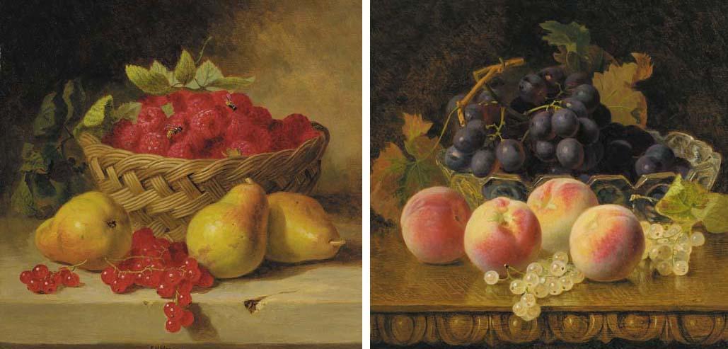 Eloise Harriet Stannard - Raspberries in a wicker basket with pears and redcurrants; and black grapes in a glass bowl with peaches and whitecurrants