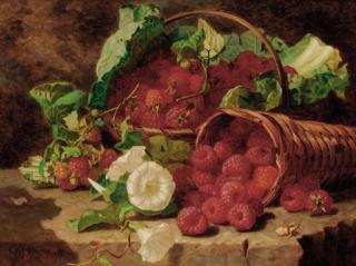 Eloise Harriet Stannard - Raspberries in wicker baskets and nasturtiums on a stone ledge