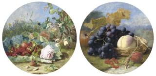 Eloise Harriet Stannard - Roses and strawberries on a cabbage leaf, with overhanging honeysuckle, in a grassy meadow; and A Peach and black grapes in a wicker basket, and an apple, redcurrants, an ear of corn and a plum on a grass verge