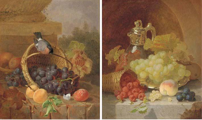 Eloise Harriet Stannard - Still Life of Fruit, A Bullfinch And A Butterfly; And Still Life of Fruit On A Silver Salver With A Jug