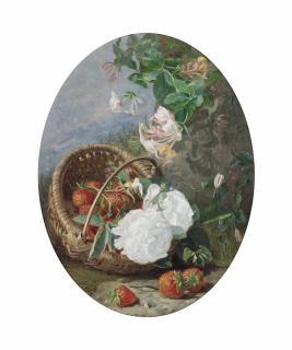 Eloise Harriet Stannard - Strawberries in a basket, with honeysuckle and roses, on a bank