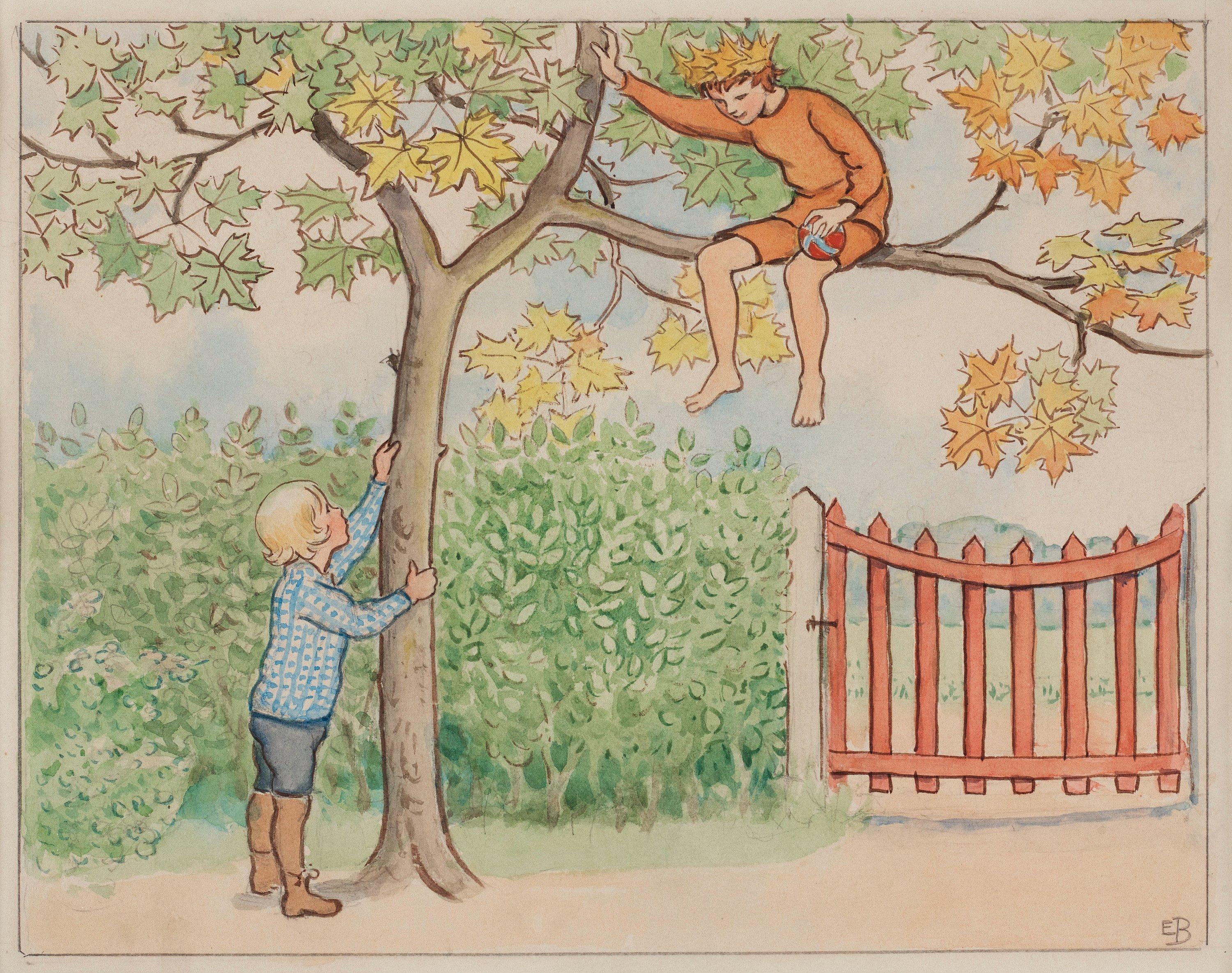Elsa Beskow - Lasse throwing a ball to Prince September in the maple tree