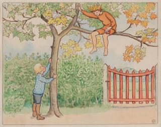 Elsa Beskow - Lasse throwing a ball to Prince September in the maple tree