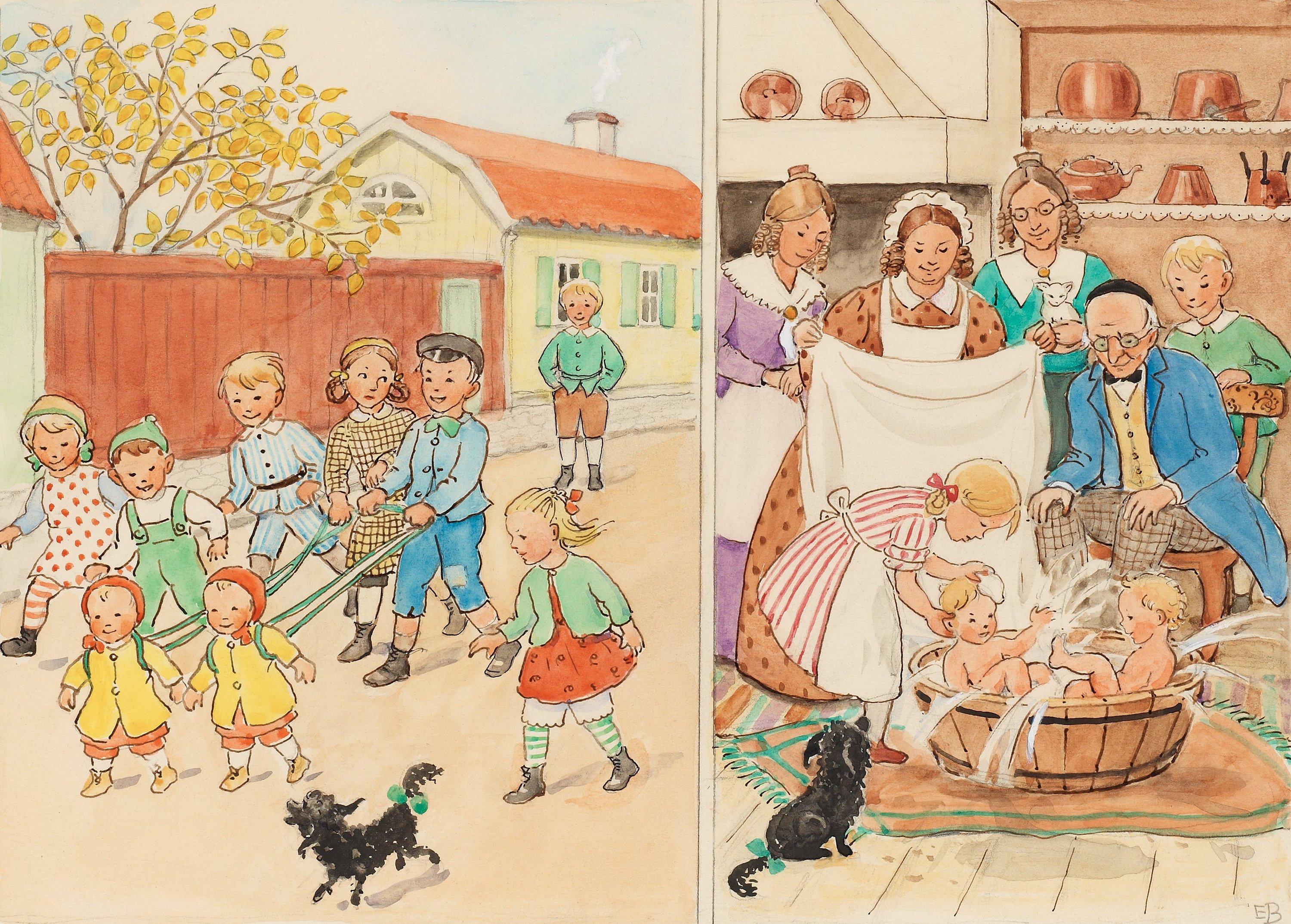 Elsa Beskow - Petter och Lotta badar barnen i en balja i köket