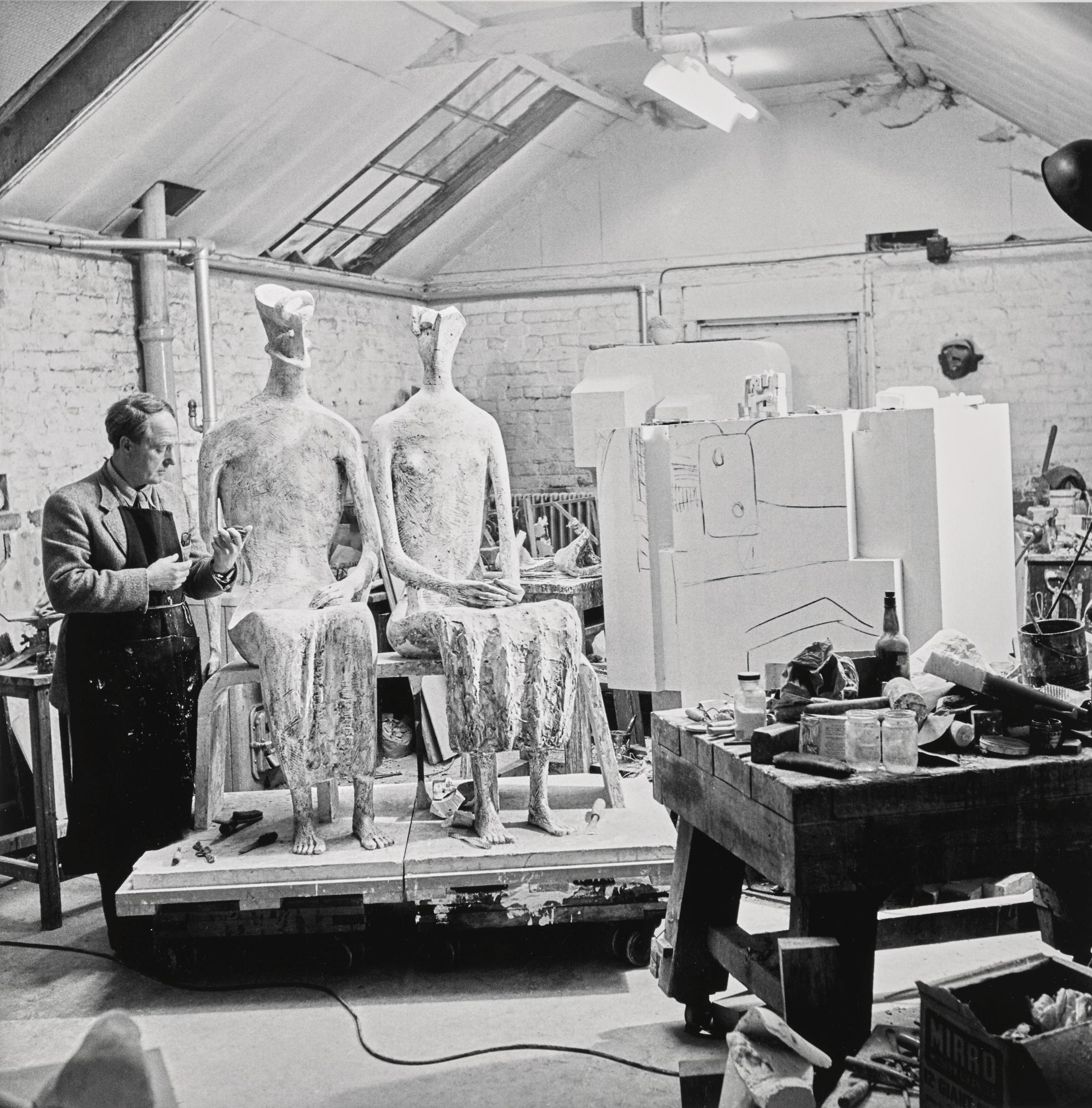 Elsbeth Juda - Henry Moore In His Studio At Much Hadham, Hertfordshire, Working On \'King And Queen\', 1953