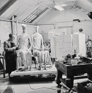 Elsbeth Juda - Henry Moore In His Studio At Much Hadham, Hertfordshire, Working On \'King And Queen\', 1953