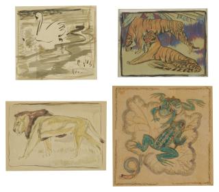Elsie Marian Henderson - Four Watercolors, Including Tigers, A Lion, Frogs And Swans