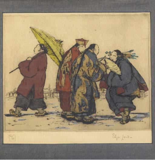 Elyse Ashe Lord - a hand coloured etching depicting three Oriental figures standing in conversation, another walking by holding a parasol, before distant buildings -- 7¾in. x 9¾in. (19.7cms x 24.7cms), pencil signed, numbered 26/85, framed and glazed.