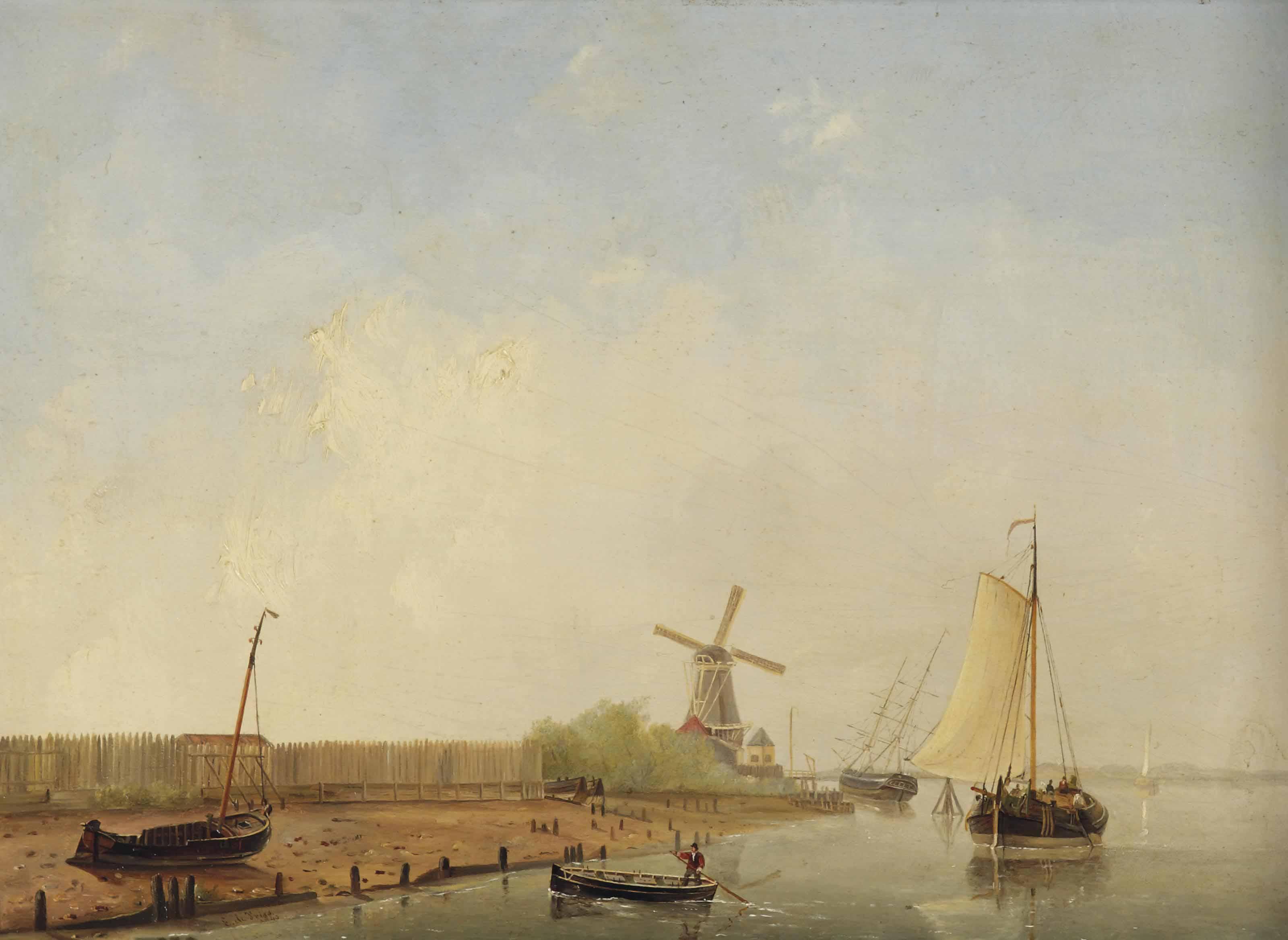 Emanuel De Vries - Ships On A Calm River Near A Shipyard