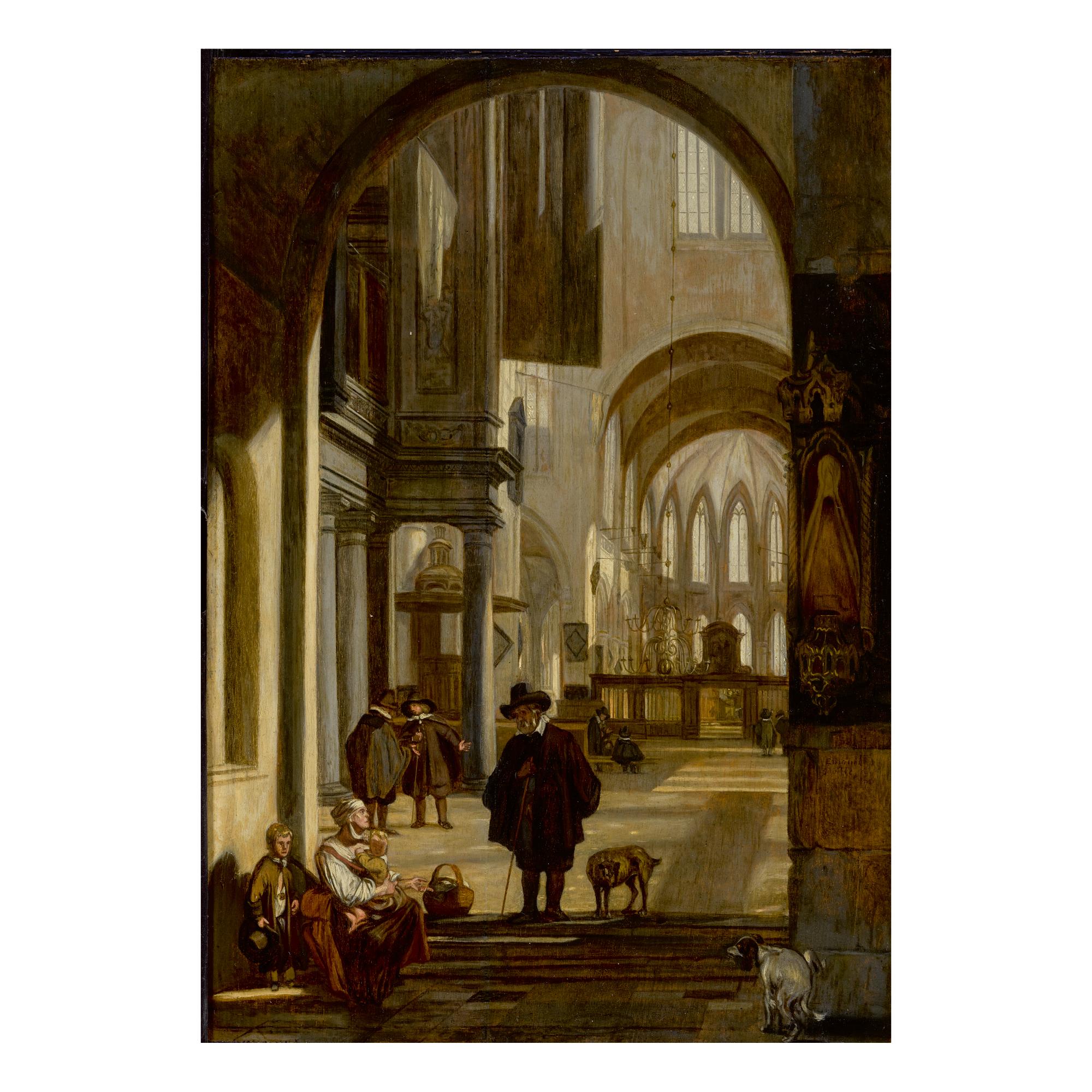 Emanuel De Witte - Interior Of A Gothic Church Looking Down The Aisle Toward The Choir, With A Family Begging For Alms