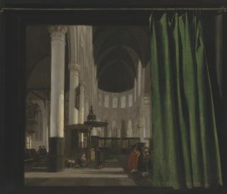 Emanuel De Witte - Interior of the Oude Kerk, Amsterdam, with a trompe l\'oeil curtain and frame