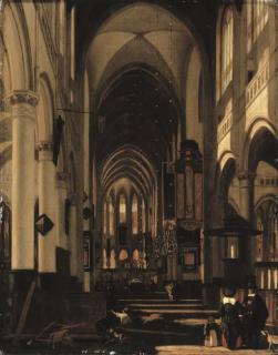 Emanuel De Witte - The interior of a church with two gentlemen conversing in the foreground