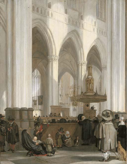 Emanuel de Witte - The interior of the Nieuwe Kerk, Amsterdam, looking north-east, with a sermon in progress