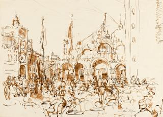 Emanuel Fohn - Markusplatz mit wehenden Fahnen.