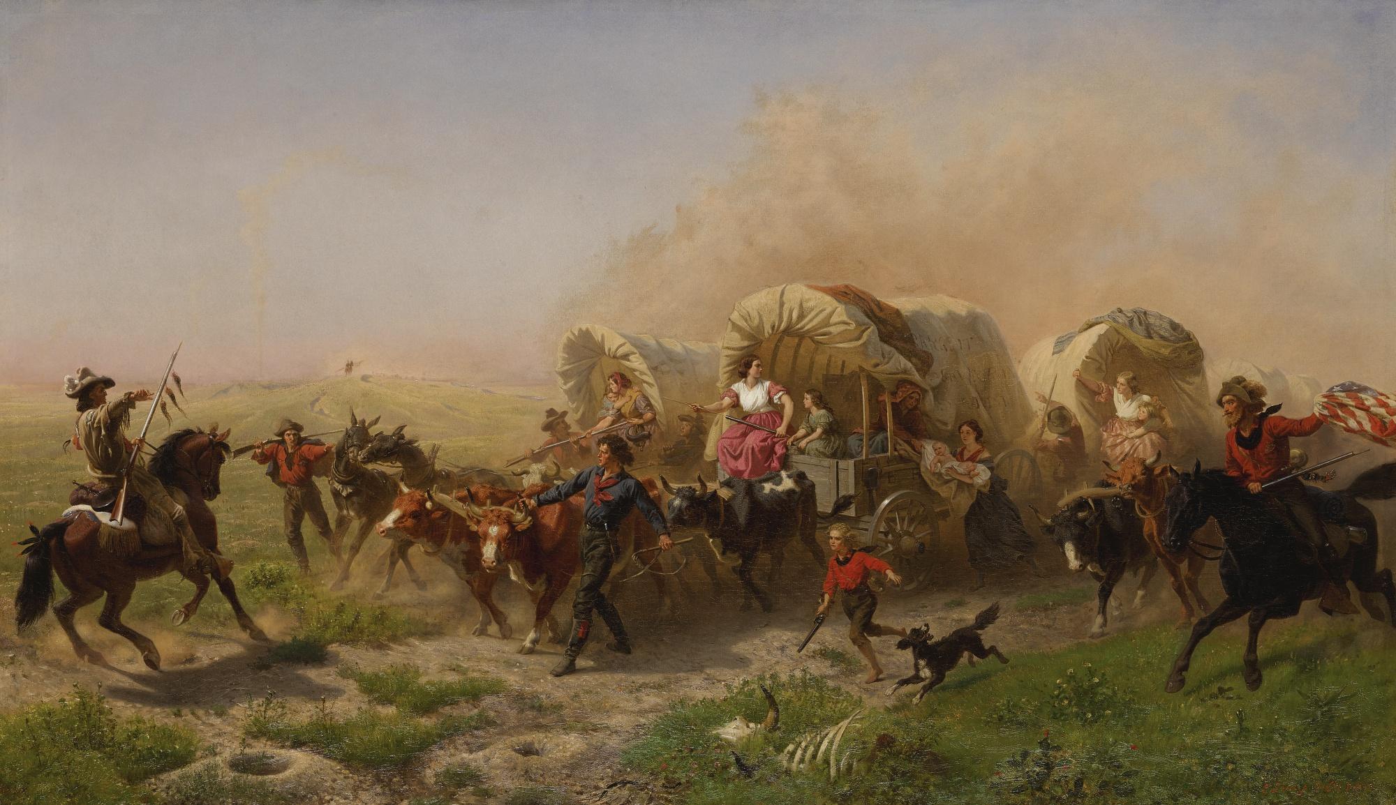 Emanuel Gottlieb Leutze - Western Emigrant Train Bound For California Across The Plains, Alarmed By Approach Of Hostile Indians (Indians Attacking A Wagon Train)
