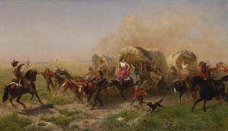 Emanuel Gottlieb Leutze - Western Emigrant Train Bound For California Across The Plains, Alarmed By Approach Of Hostile Indians (Indians Attacking A Wagon Train)