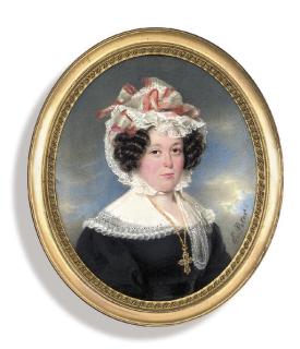 Emanuel Thomas Peter - A lady, in black dress with frilled white lace collar, wearing gold chain with a crucifix, frilled lace bonnet with red-bordered white ribbons, dark upswept hair dressed in curls; sky background