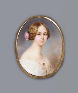 Emanuel Thomas Peter - A young lady, facing right in embroidered white dress with gold brooch at corsage, pink rose and foliage in her dressed fair hair