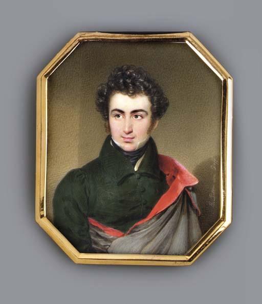 Emanuel Thomas Peter - Louis Pereira, Baron von Arnstein, facing left in black coat, white waistcoat and black stock, red-lined grey cloak draped over his left shoulder, curly dark brown hair and sideburns