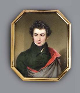 Emanuel Thomas Peter - Louis Pereira, Baron von Arnstein, facing left in black coat, white waistcoat and black stock, red-lined grey cloak draped over his left shoulder, curly dark brown hair and sideburns