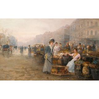 Emil Barbarini - Figures On A Flower Market; A Busy Market (A Pair)
