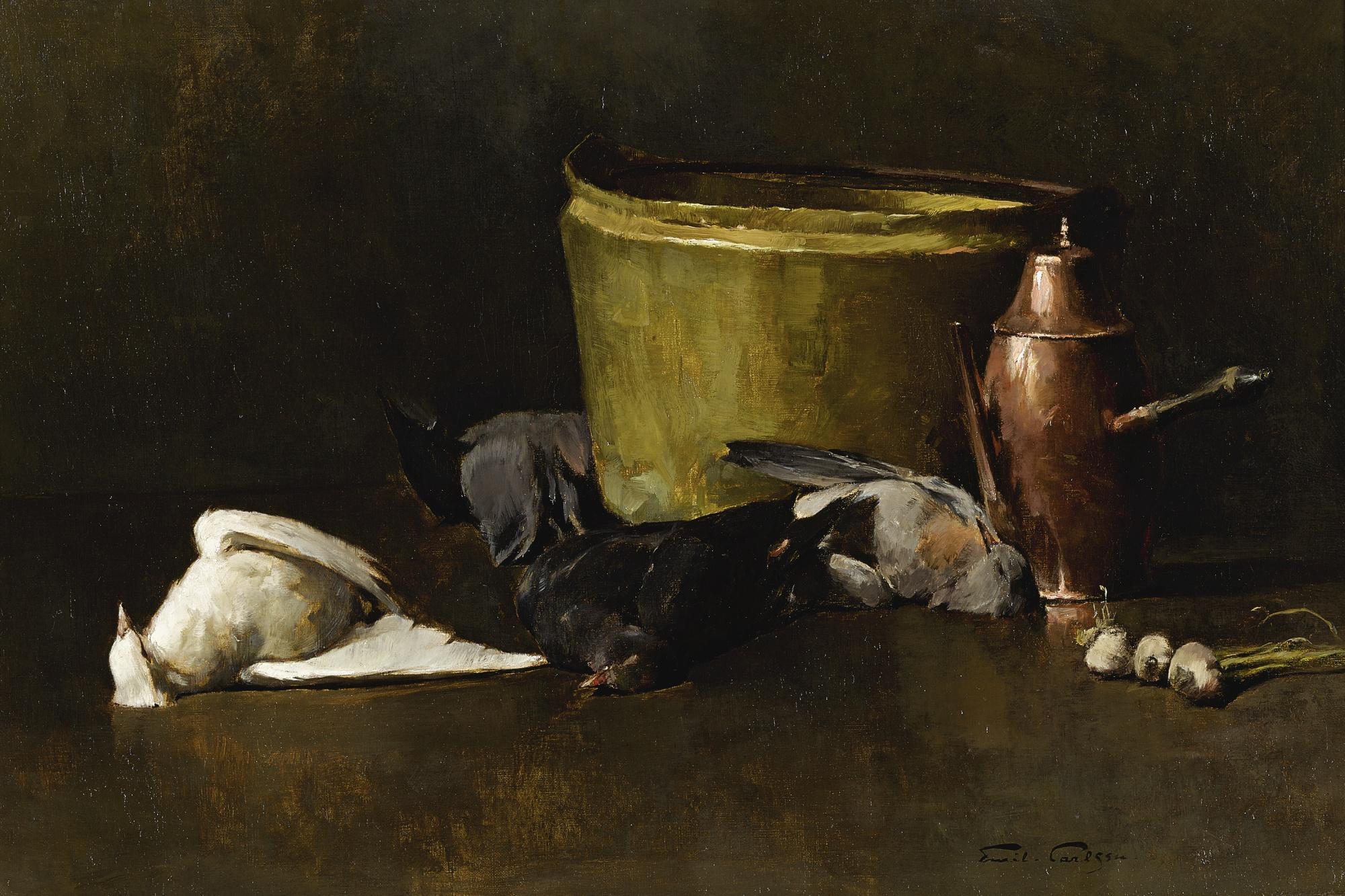 Emil Carlsen - Still Life - Brass Bowl, Copper Coffee Pot And Pigeons