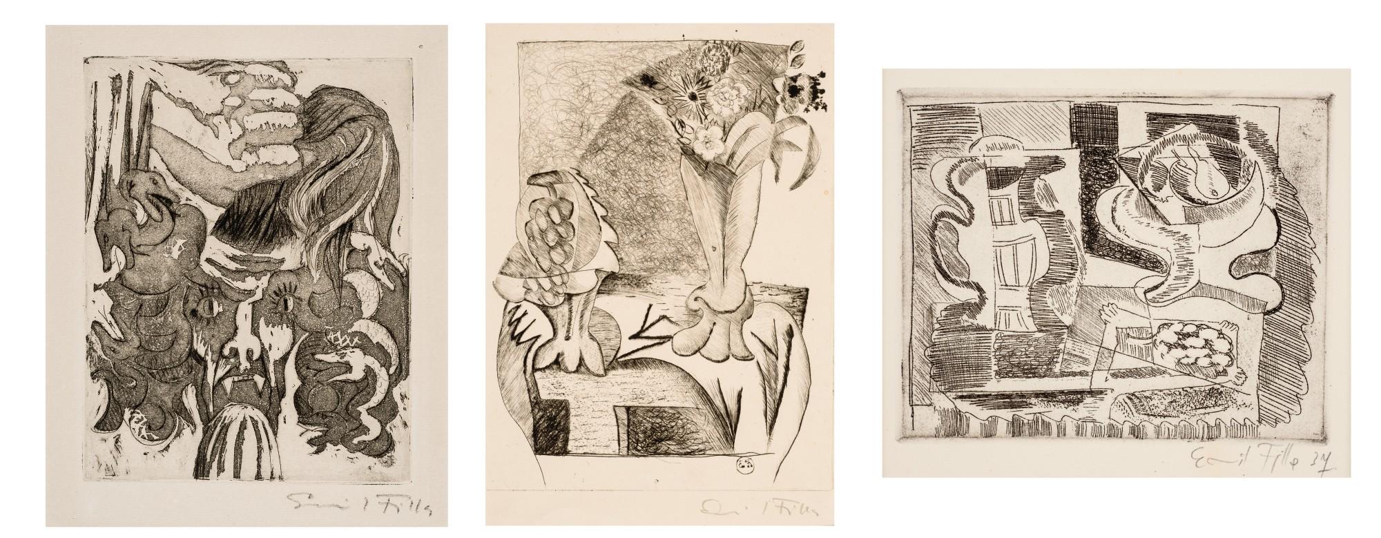 Emil Filla - Three Etchings: (I) Head Of Medusa; (Ii) Two Vases With Flowers; (Iii) Still Life With Pears