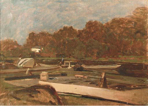 Emil Jacob Schindler - Boats at dock along the riverbank