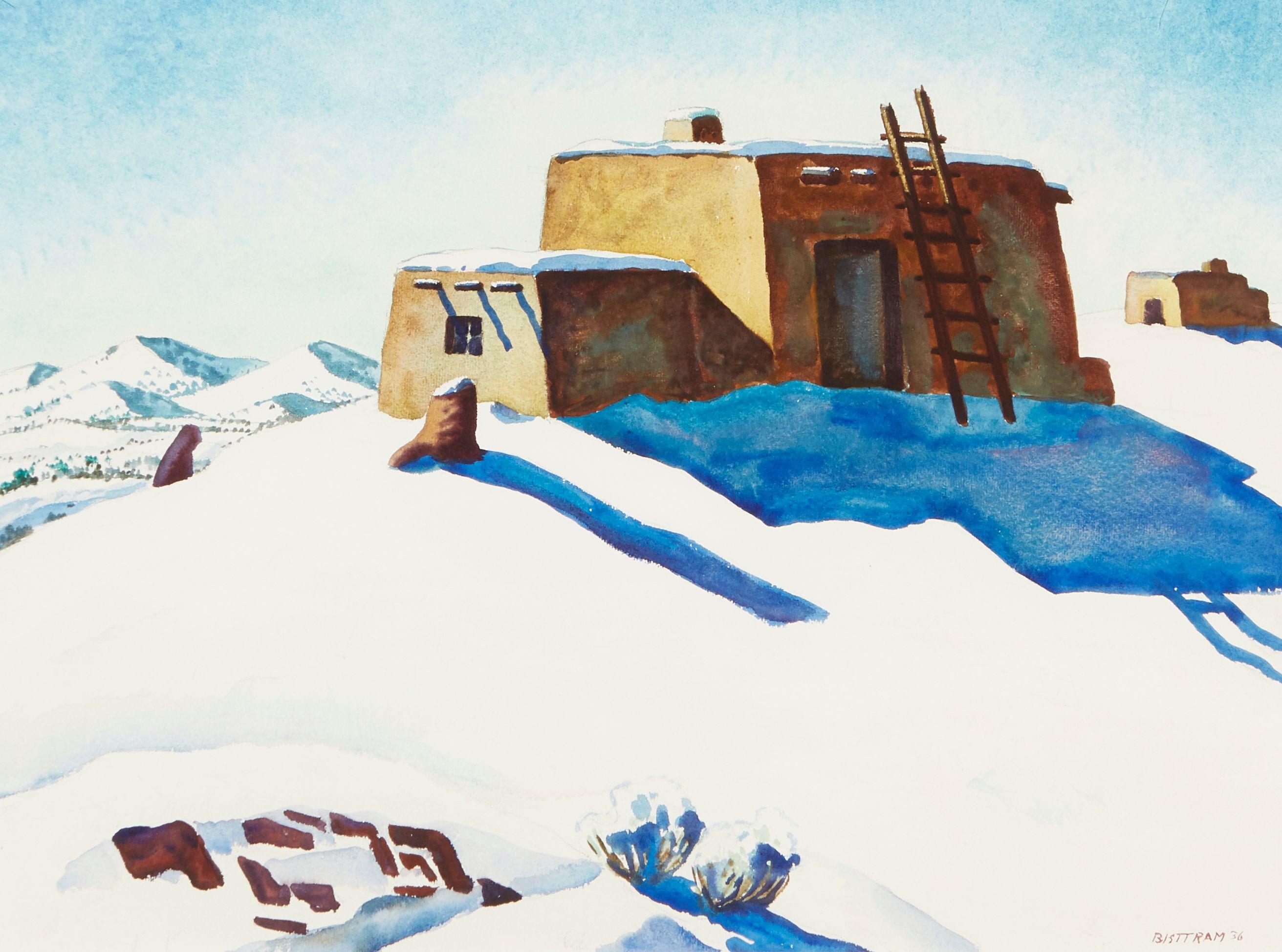 Emil James Bisttram - Morning Shadow (Pueblo in winter)