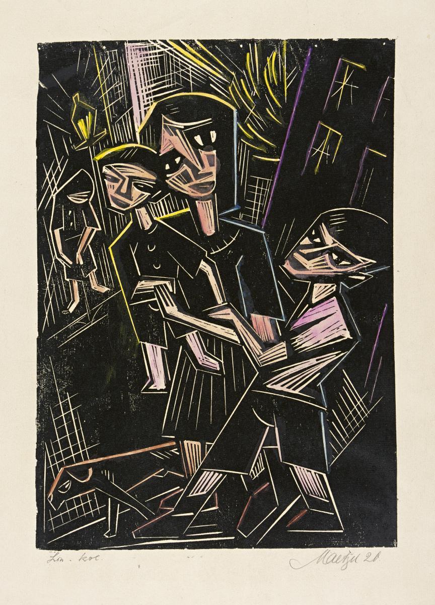 Emil Maetzel - Großstadtszene - Frau mit Kindern und Hund