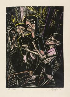 Emil Maetzel - Großstadtszene - Frau mit Kindern und Hund