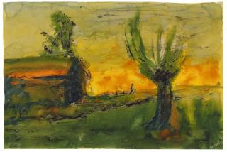 Emil Nolde - Abendliche Marschlandschaft mit Gehöft (Kleine Hütte und struppige Weide, wohl in Küstennähe)