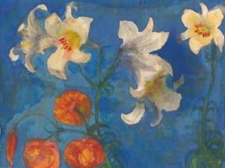Emil Nolde - Weiße Lilien, rote Blüten vor blauem Grund