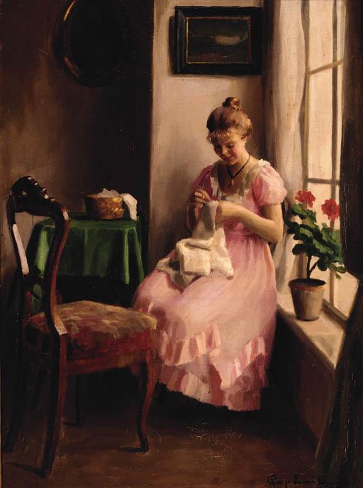 Emil Pap - A Girl In A Pink Dress Sewing By The Window