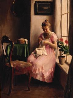 Emil Pap - A Girl In A Pink Dress Sewing By The Window