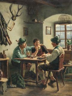 Emil Rau - Dirndl mit zwei Burschen in der Bauernstube