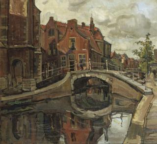 Emil Rizek - The Vrouwenrecht seen from the water, the Oude Kerk on the left, Delft