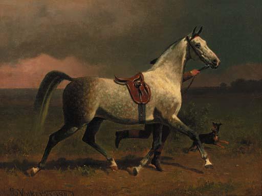 Emil Volkers - A dappled grey hunter trotting with a groom in a landscape
