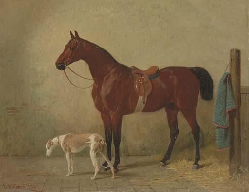 Emil Volkers - A Saddled Bay Hunter in a Stable with a Dog