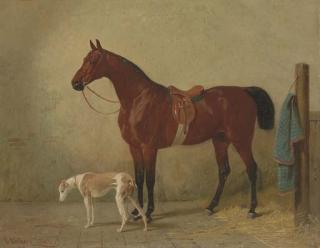 Emil Volkers - A Saddled Bay Hunter in a Stable with a Dog